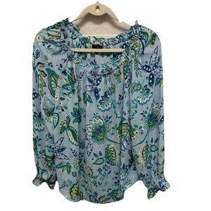 Talbots PETITES Paisley long sleeves off shoulder blouse size LP artsy feminine